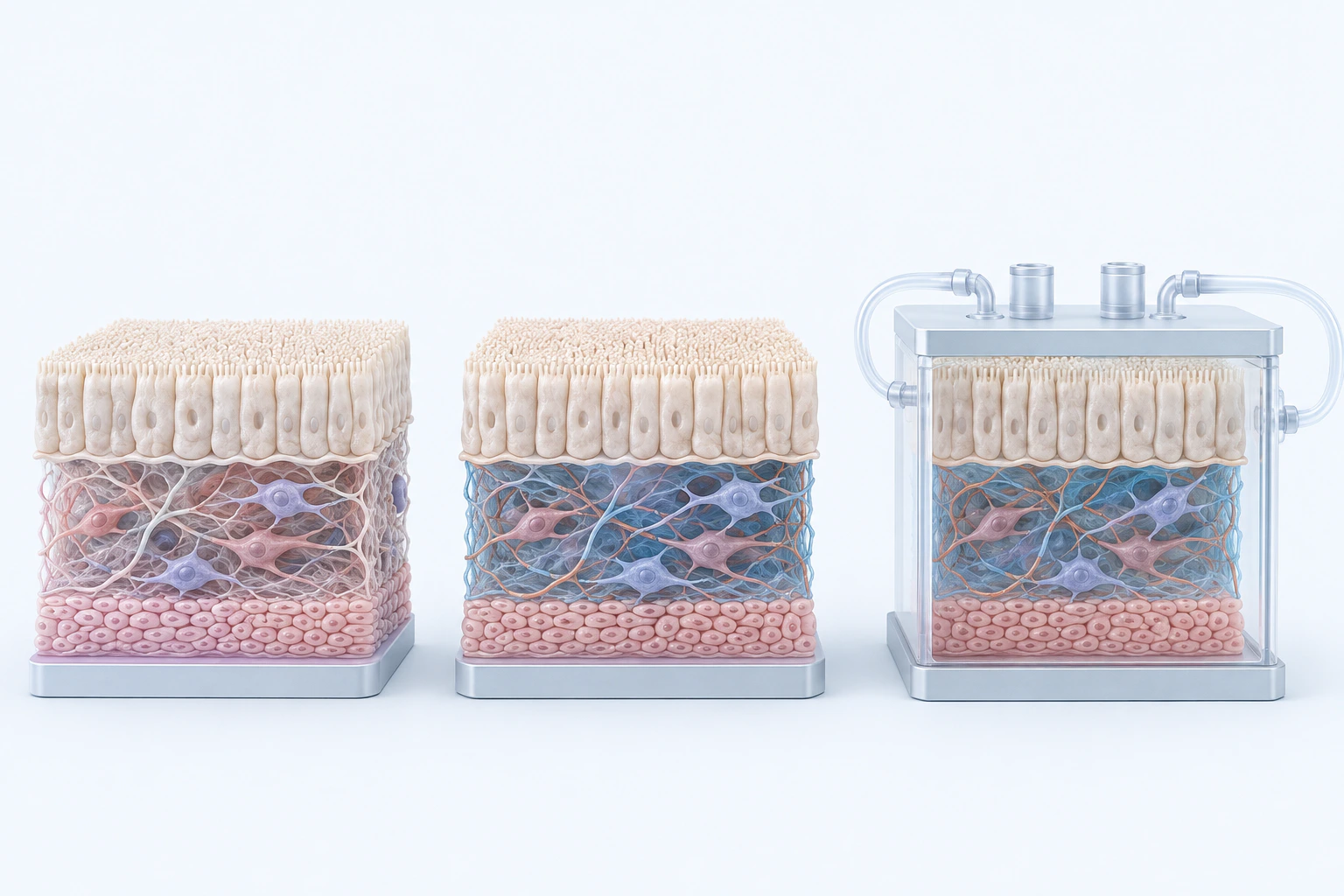 Three intact tissue-niche teaching models appear separately; one is enclosed in a transparent chamber and color varies locally.