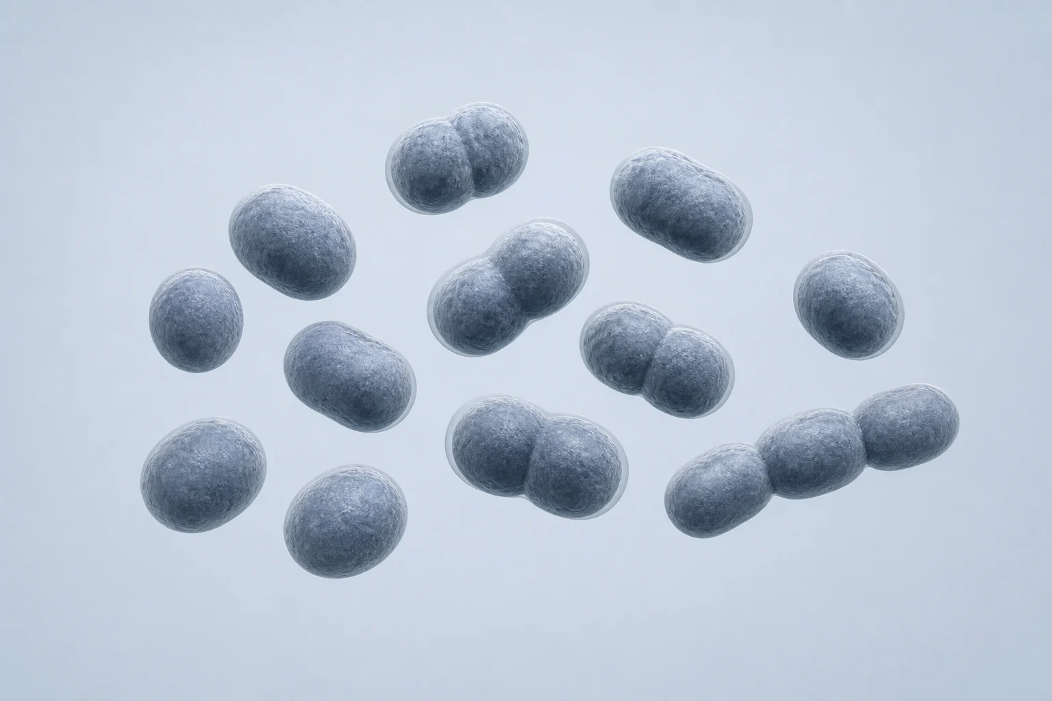 A mixed grouping of short plump Acinetobacter coccobacilli, rounded forms, pairs, and a short chain on a pale cool field.