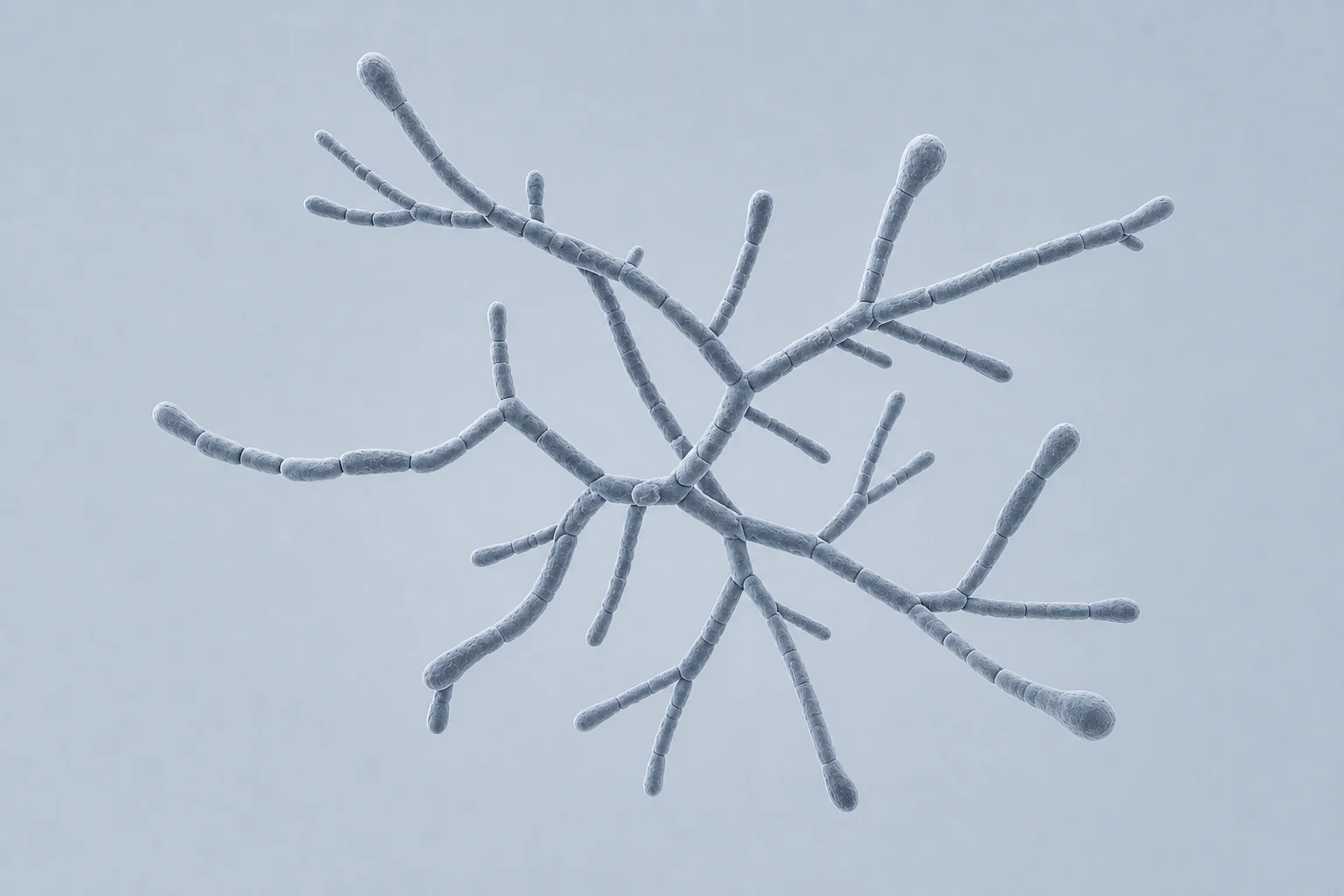 Delicate branching Actinomyces filaments formed from segmented rods with several swollen terminal ends on a pale cool field.