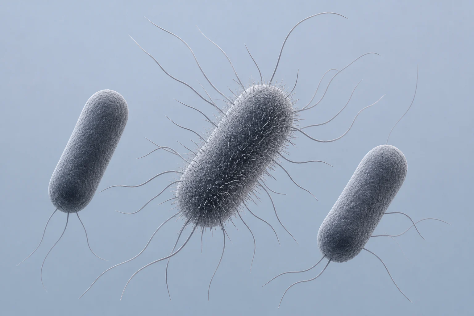Three rod-shaped Escherichia coli cells with peritrichous flagella; the central cell also bears numerous fine short pili.