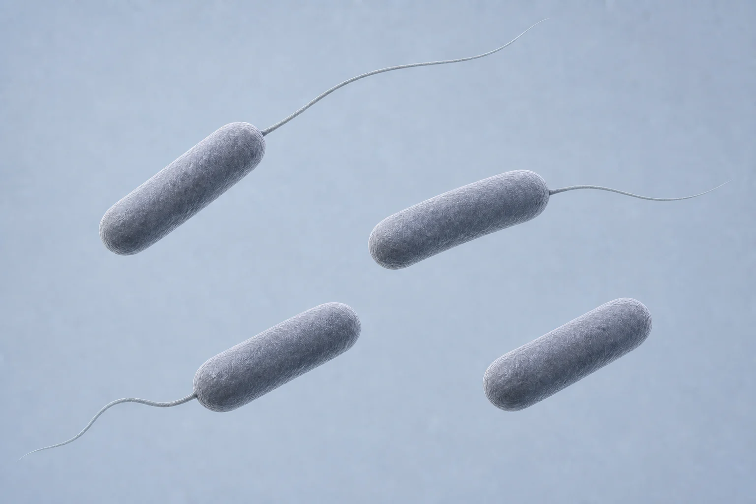 Four rounded Aeromonas rods on a pale cool field, three bearing one long fine flagellum from a single cell pole.