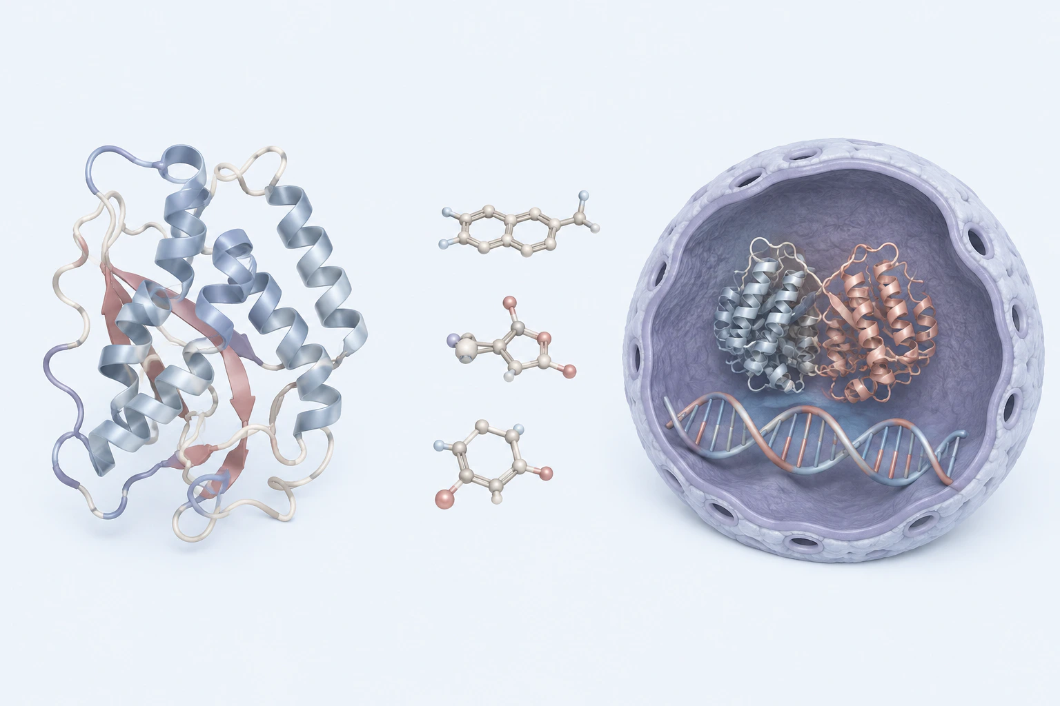 A generic ribbon-like protein, three separate ligand-like forms, and a nucleus model with paired protein forms and DNA appear separately.
