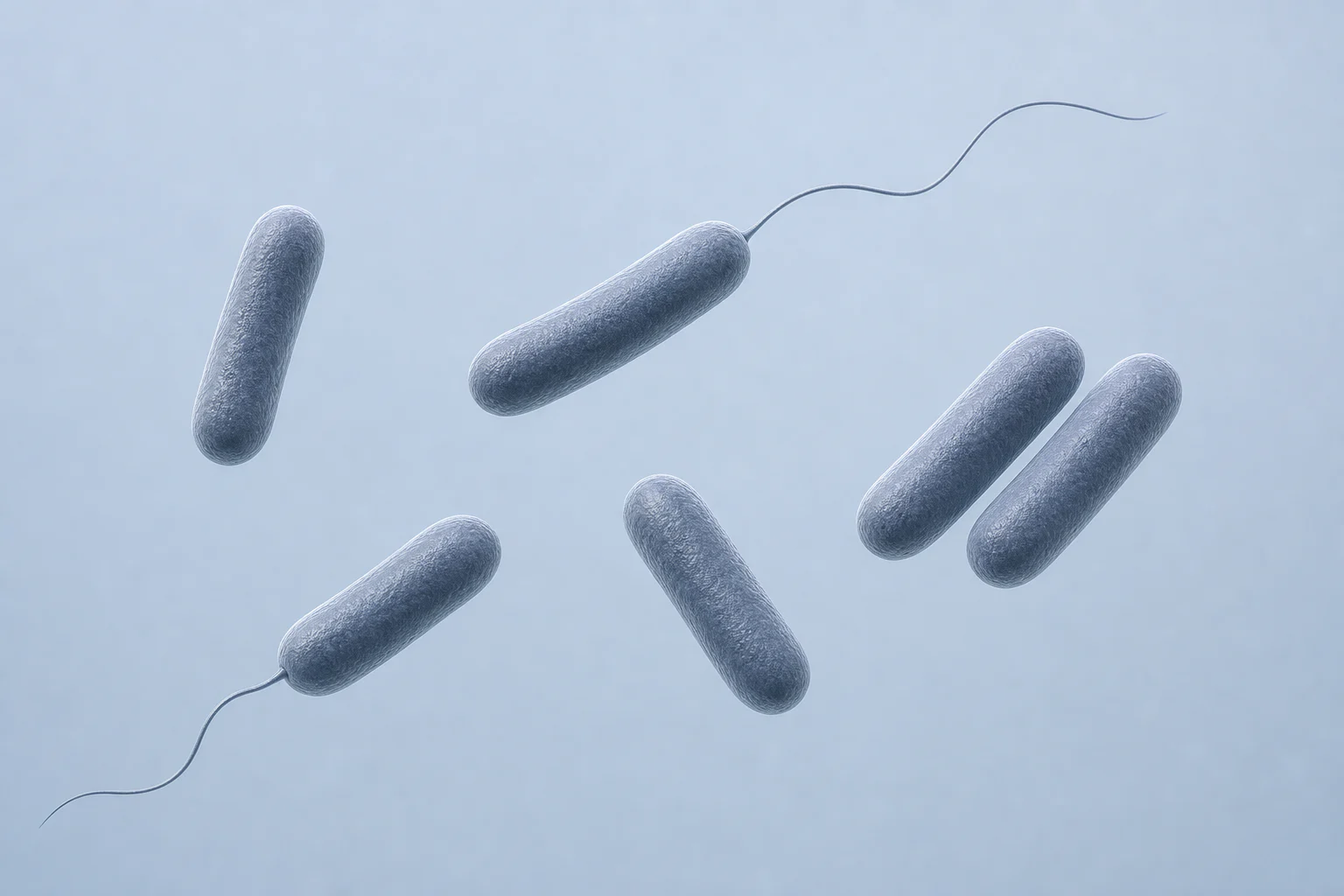 Six isolated Alishewanella rods, including a two-cell pair; two rods each show one fine polar flagellum, representing motile members of the variable genus.