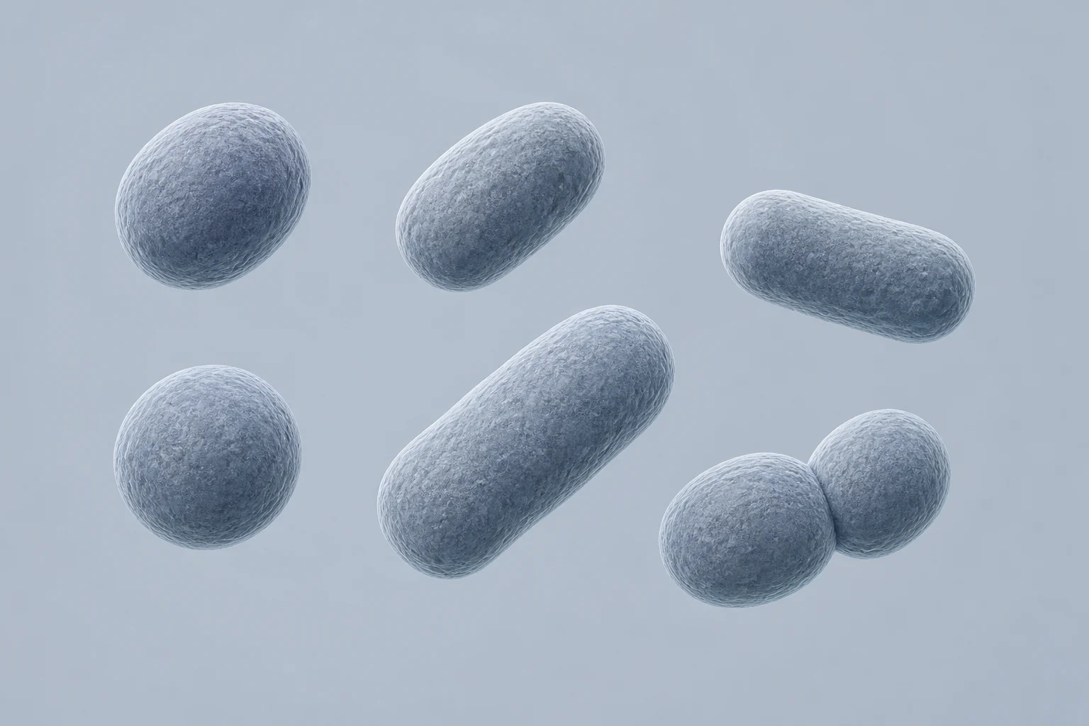 Six isolated Alistipes cells ranging from compact ovoid forms to short rounded rods, including one loose pair, on a pale cool field.