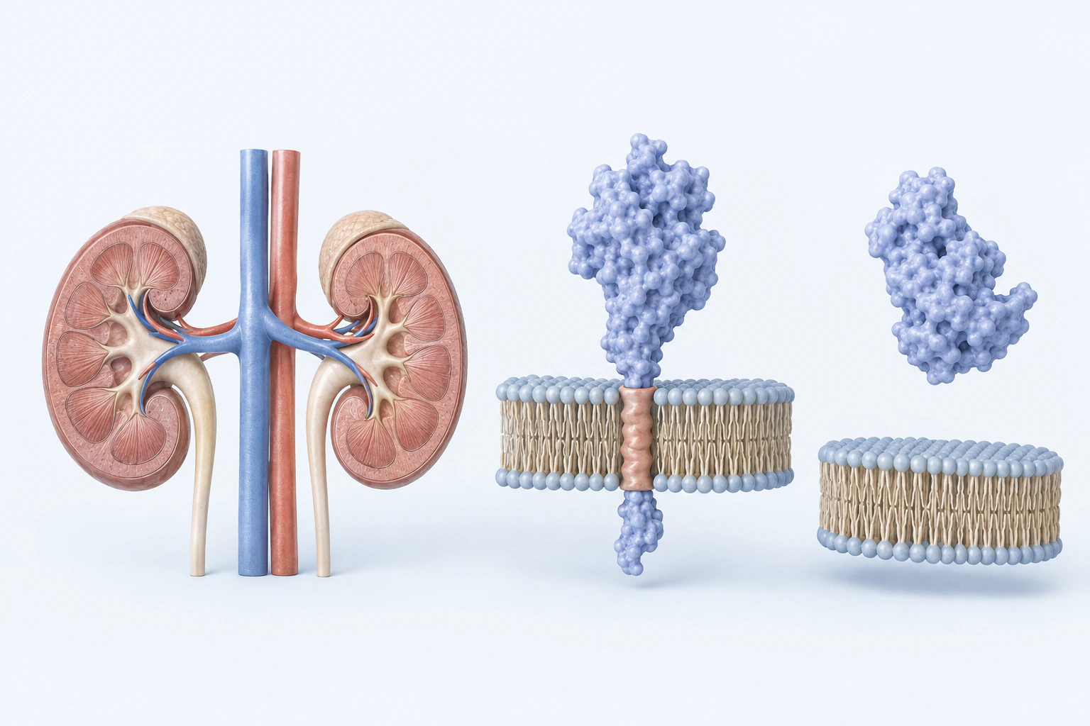 Paired kidney cutaways, a generic single-pass membrane protein, and a separate soluble protein teaching form appear separately.
