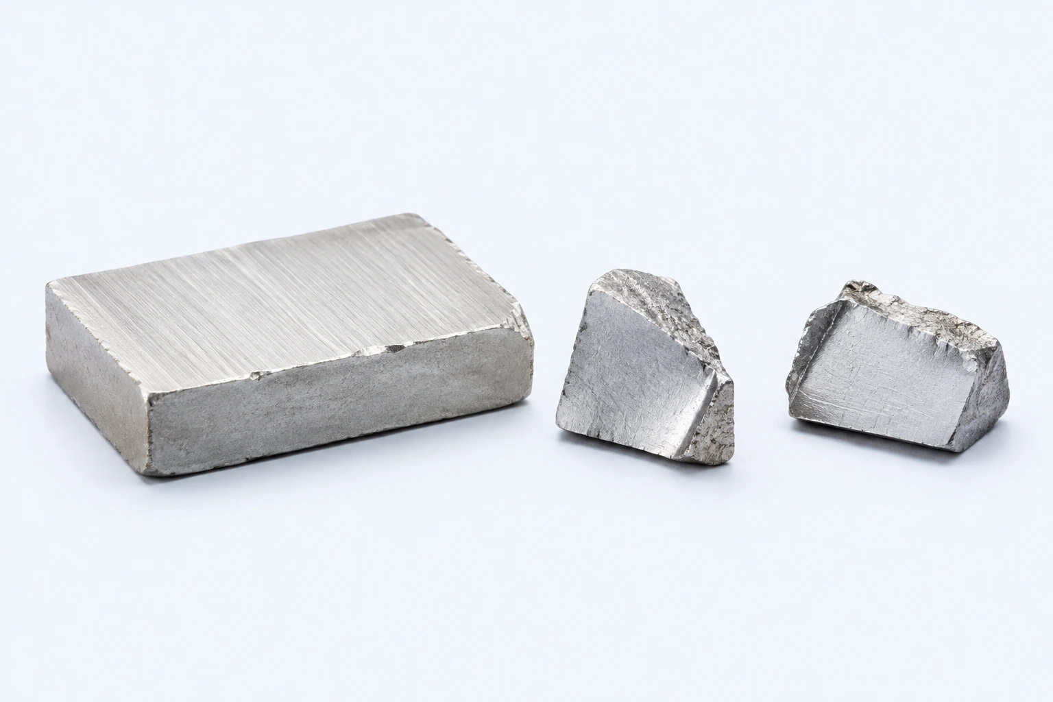 Three elemental aluminum specimens: one low rectangular cut piece and two smaller irregular fragments.