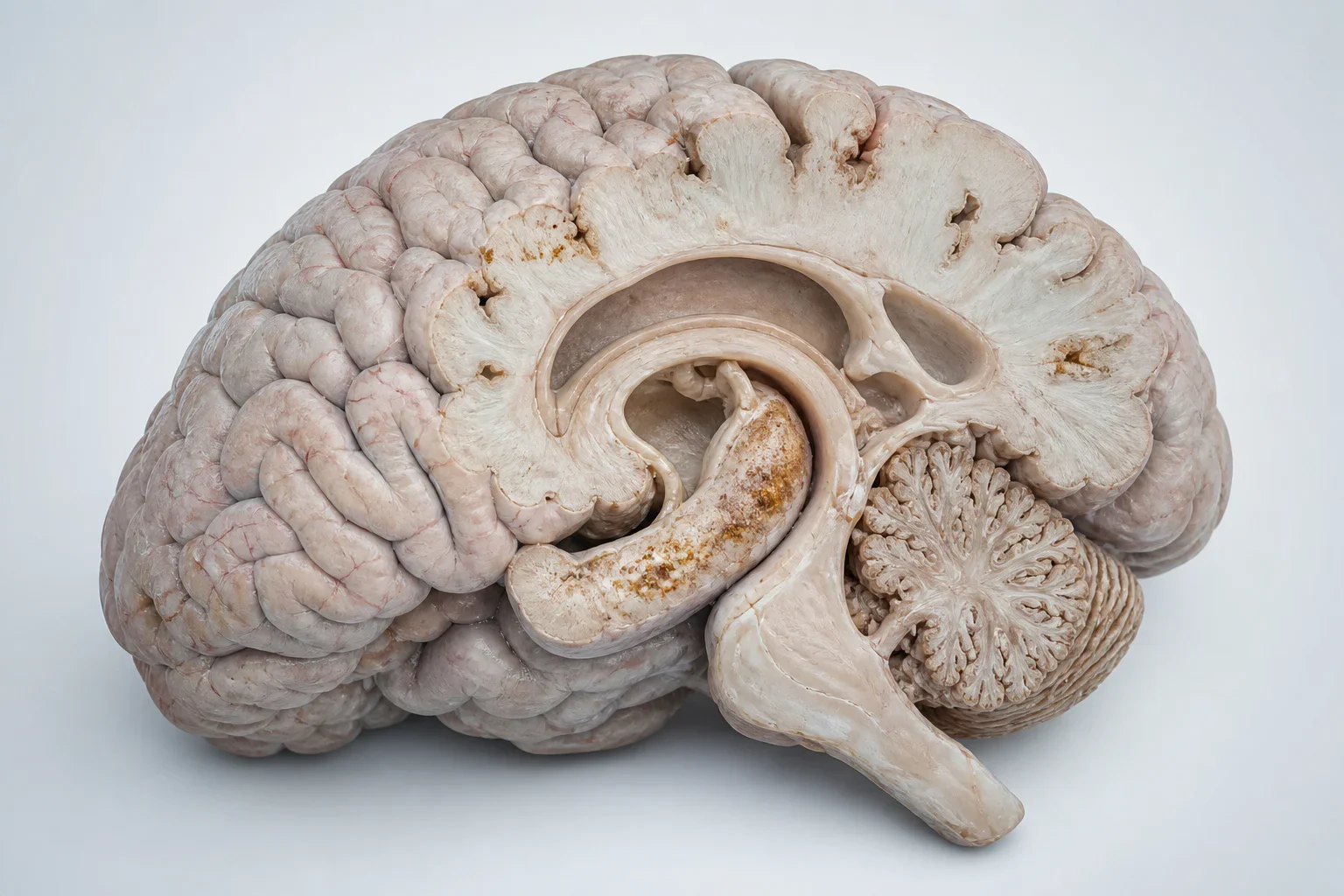 An anatomically detailed sagittal cutaway of a human brain on a pale cool clinical field.