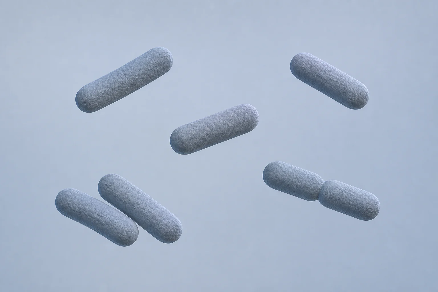 Seven rounded Anaerostipes rods, shown as three singles, a loose pair, and one attached two-cell end-to-end arrangement on a pale cool field.
