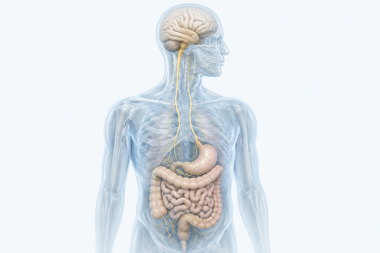 An anonymous translucent anatomical model shows the brain, descending neural pathways, stomach, and intestinal tract.
