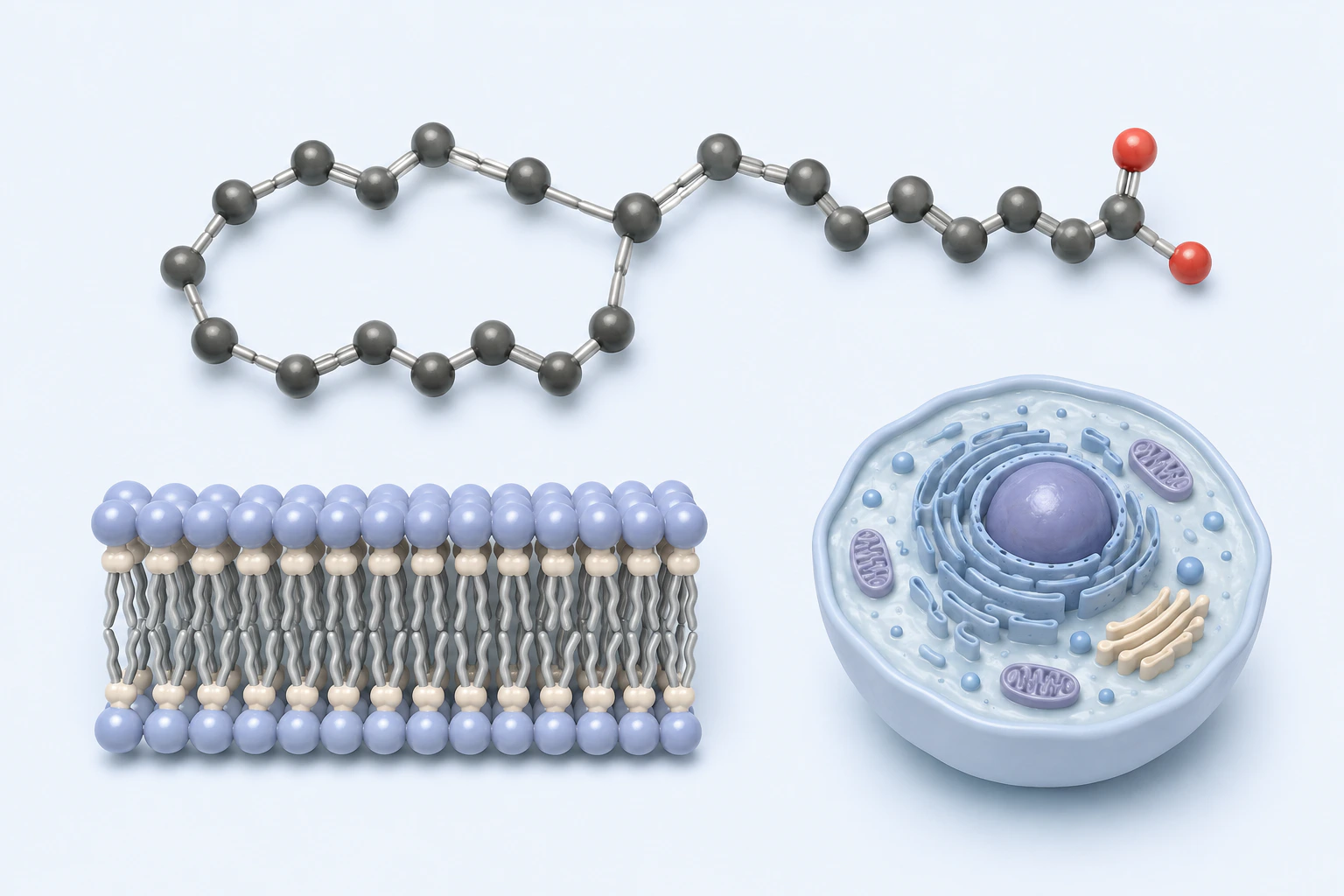 A twenty-carbon, two-oxygen arachidonic-acid heavy-atom model appears above separate membrane and generic-cell teaching models.