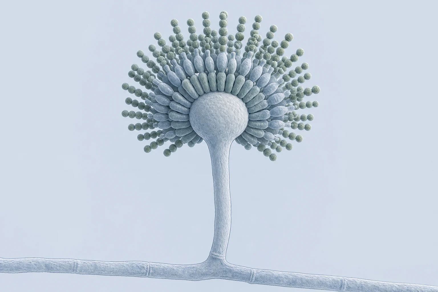 An Aspergillus conidial head with a smooth stalk, bulbous vesicle, two supporting cell layers, and radiating short chains of spherical conidia.