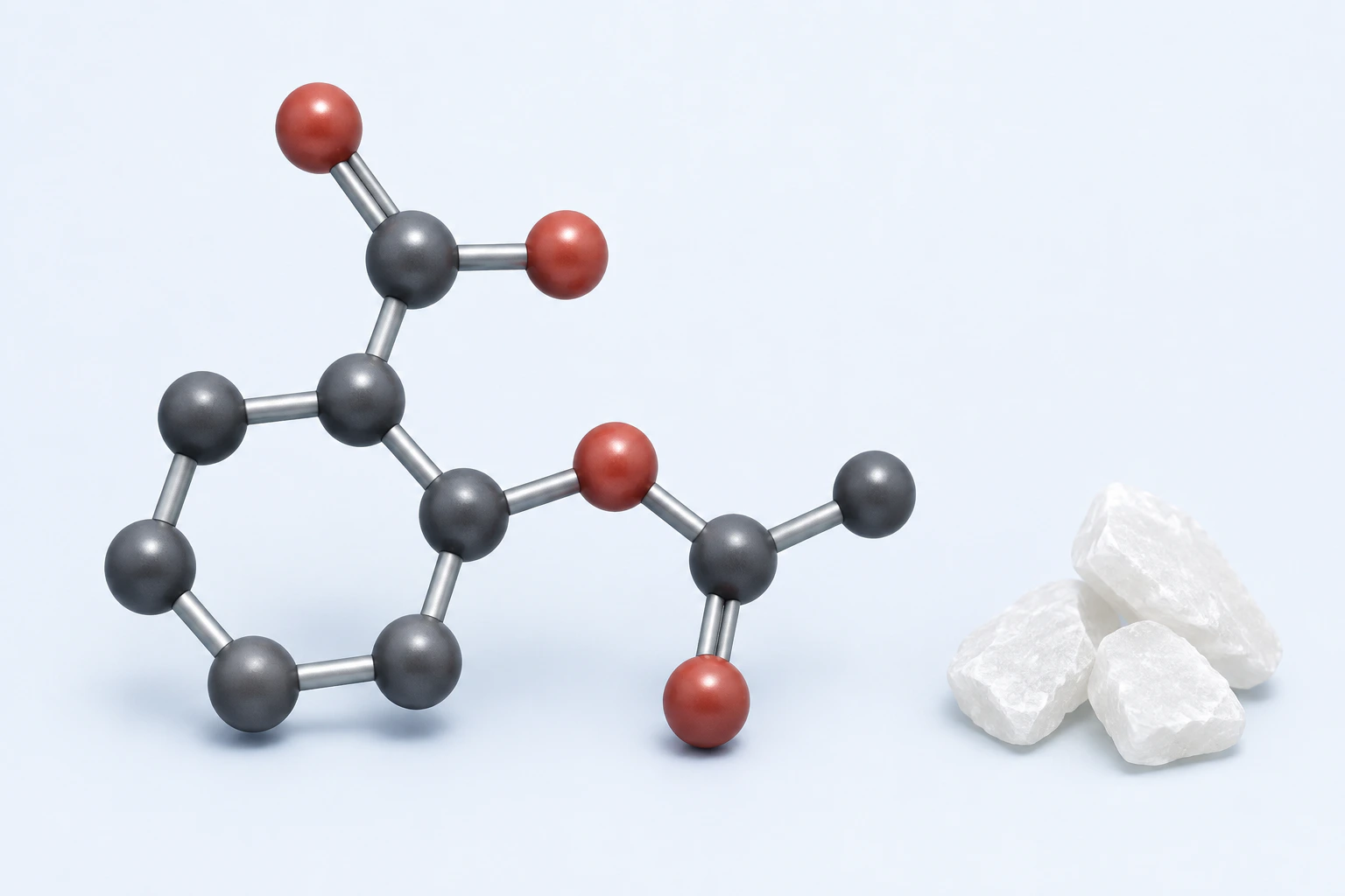 A nine-carbon and four-oxygen aspirin heavy-atom model appears beside three separate unmarked white crystal forms.