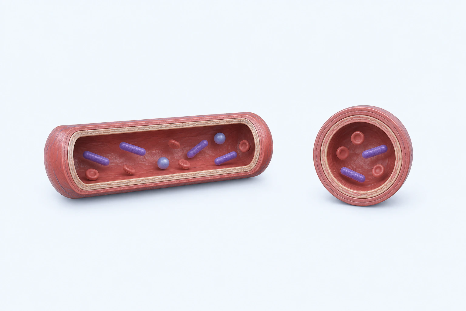 Two complete vessel teaching models contain sparse generic rods and cocci among muted red blood-cell forms.