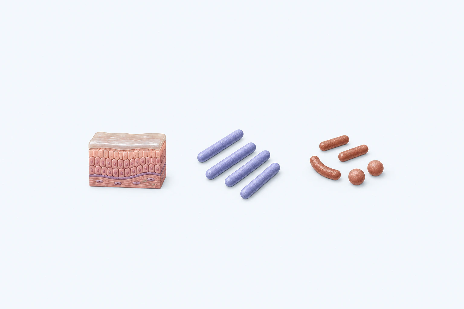A complete mucosal teaching cutaway is separated from one orderly four-rod group and one mixed six-form microbial group.
