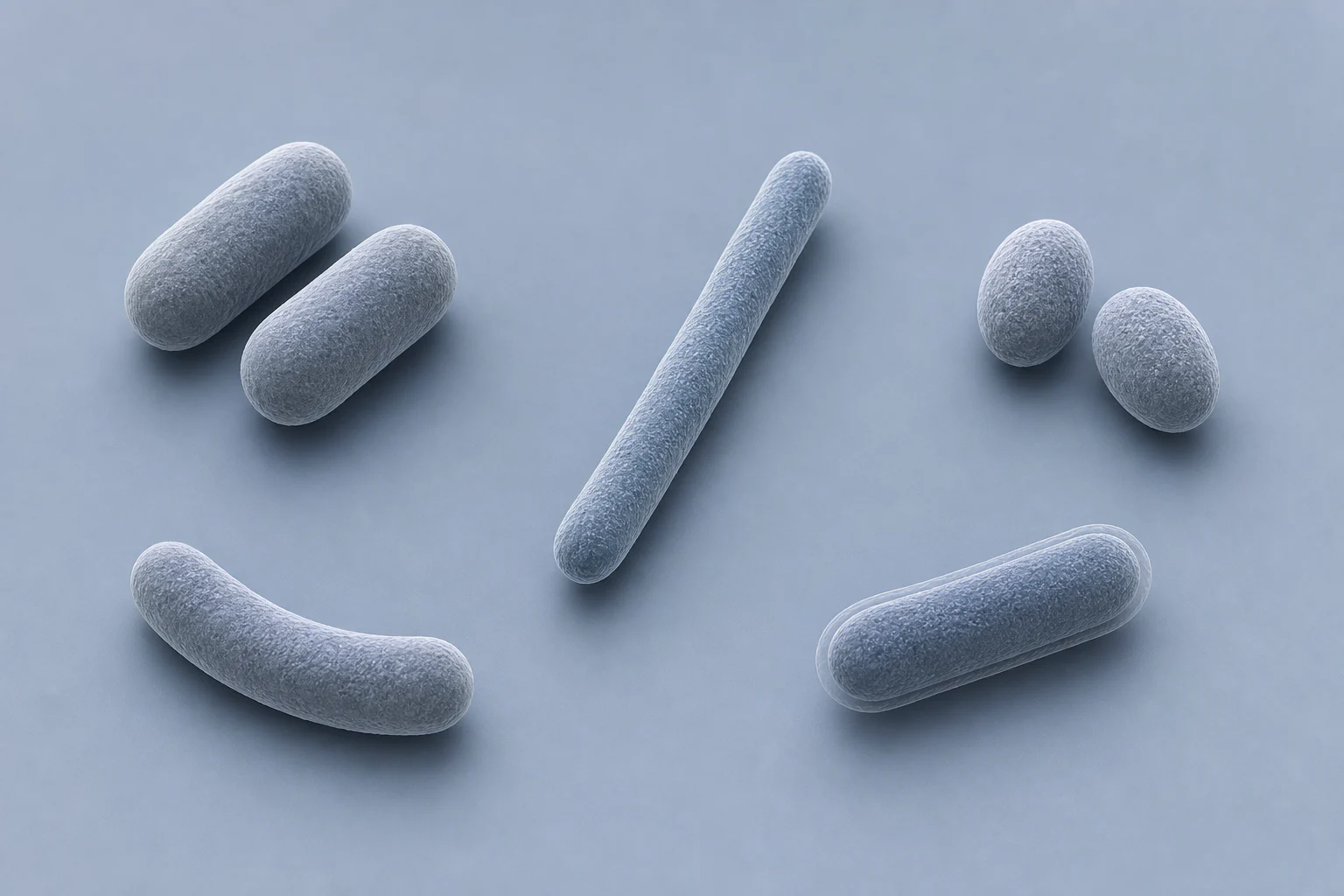 Five separated Bacteroidaceae morphology groupings show a two-rod pair, one slender rod, two ovoid cells, one curved rod, and one encapsulated rod.