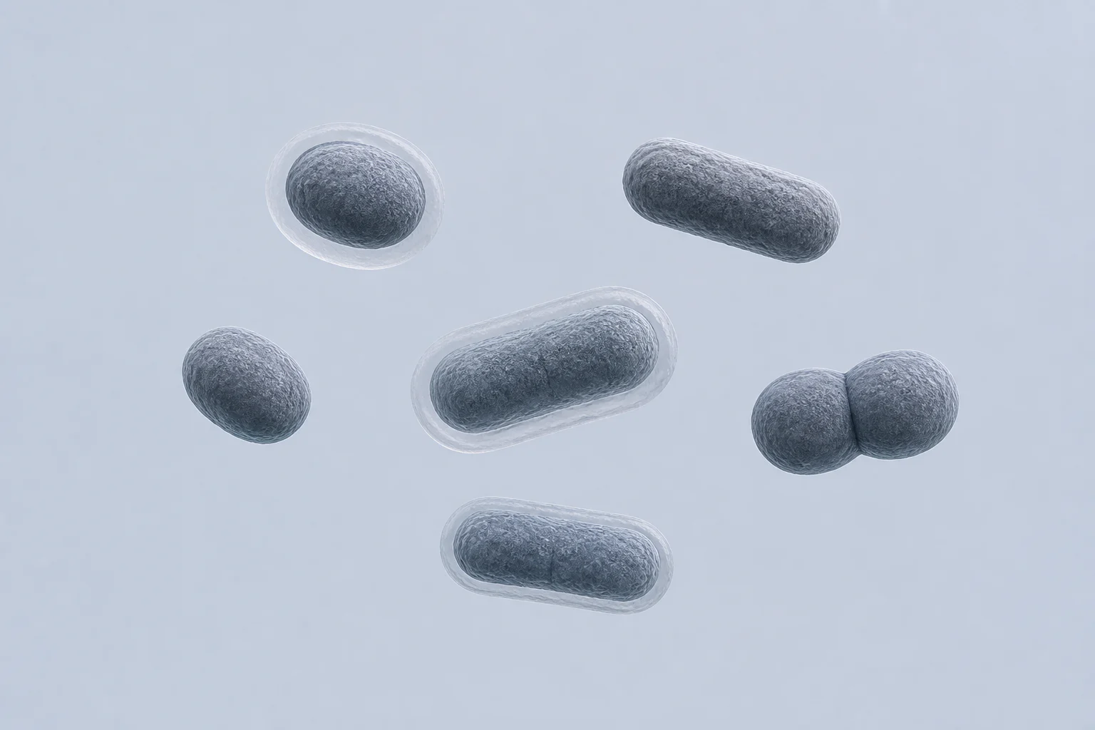 Seven Bacteroides fragilis cells ranging from rounded forms to short rods, including one pair; three have thin capsular halos.