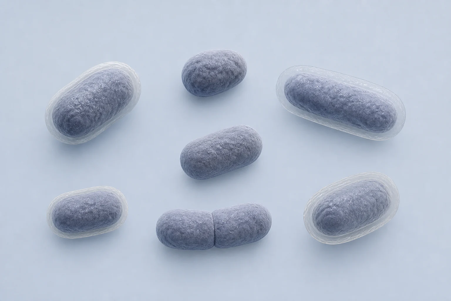 Eight Bacteroides cells ranging from ovoid forms to short plump rods, including one pair; four cells have thin capsular halos.