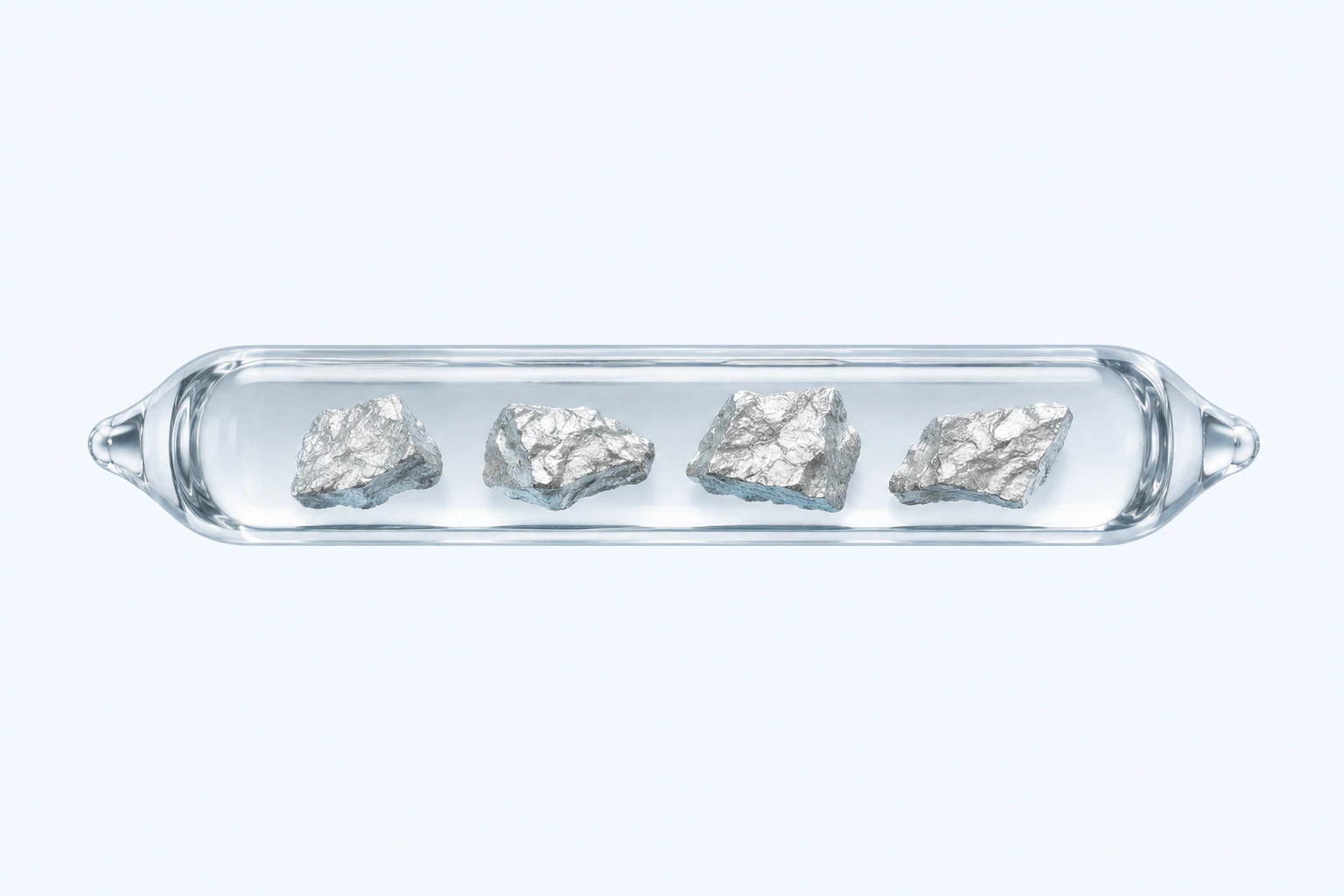 A sealed clear ampoule containing four separated silvery elemental barium pieces in a protective medium.