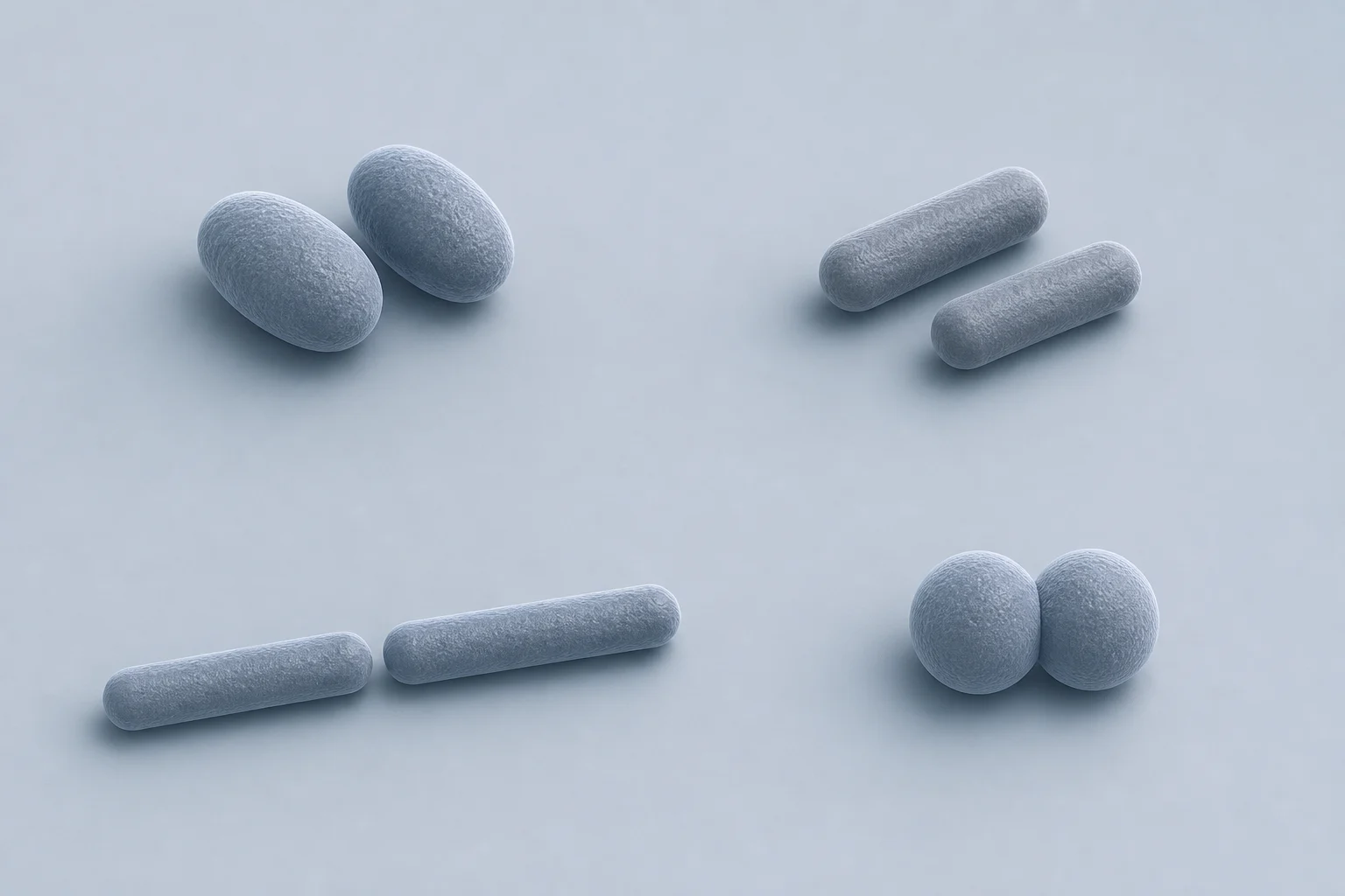 Four Betaproteobacteria morphology groupings show two ovoid cells, two short rods, two long rods, and two touching cocci.