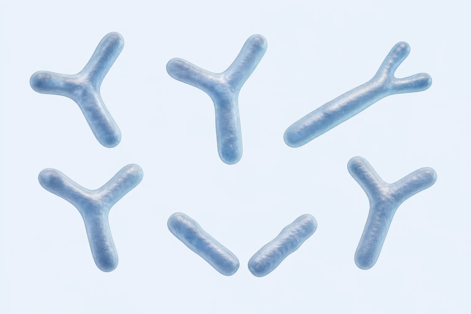 Seven Bifidobacterium adolescentis bodies show four Y-shaped cells, one elongated terminally forked cell, and two rods in an open V.