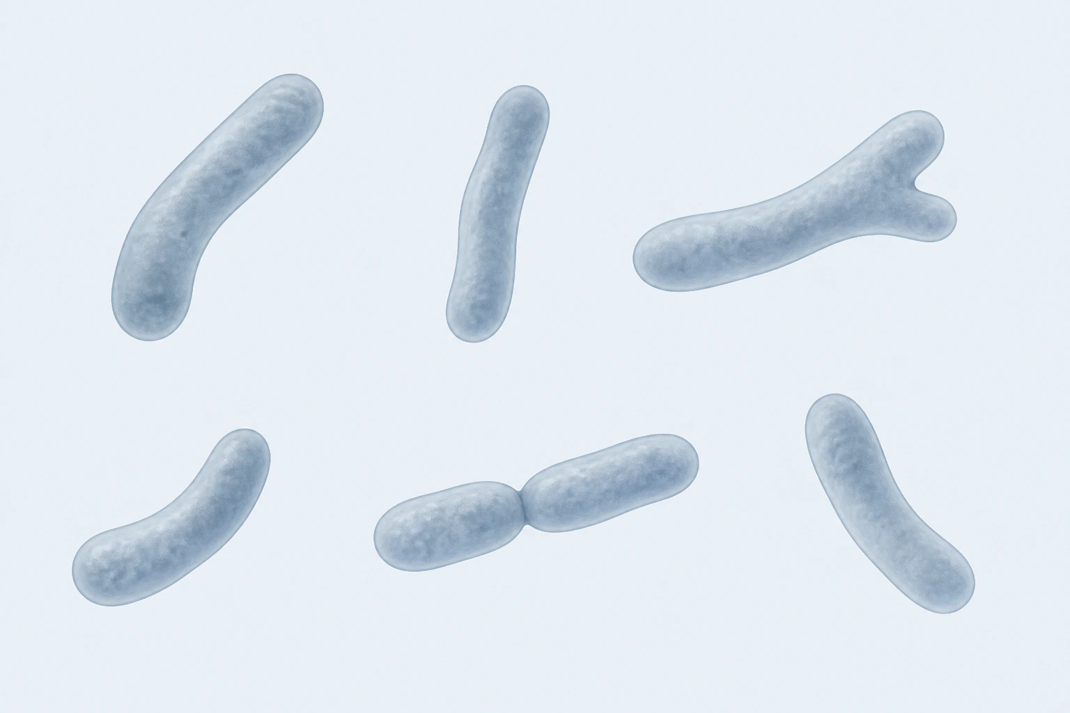 Seven Bifidobacterium longum bodies appear in six groupings: five single curved or clubbed rods and one touching pair, with one shallow bifid end.