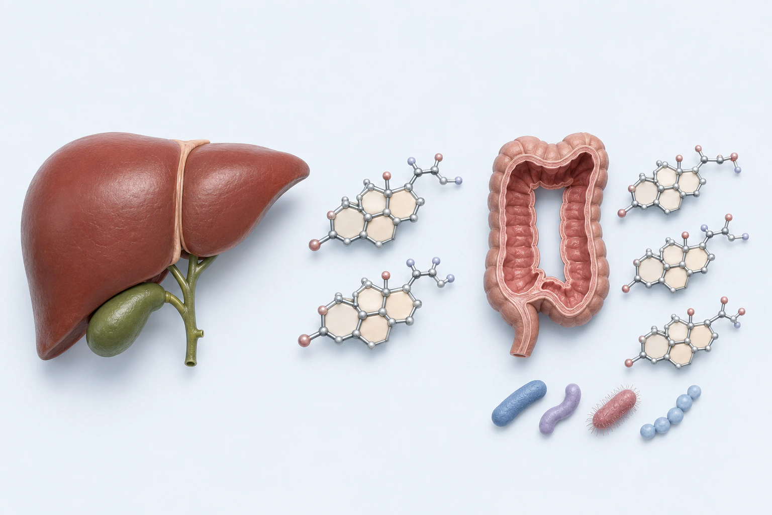 Separated liver and gallbladder, steroid-like tokens, and colon-with-microbial-context teaching groups orient bile acid metabolism without arrows.