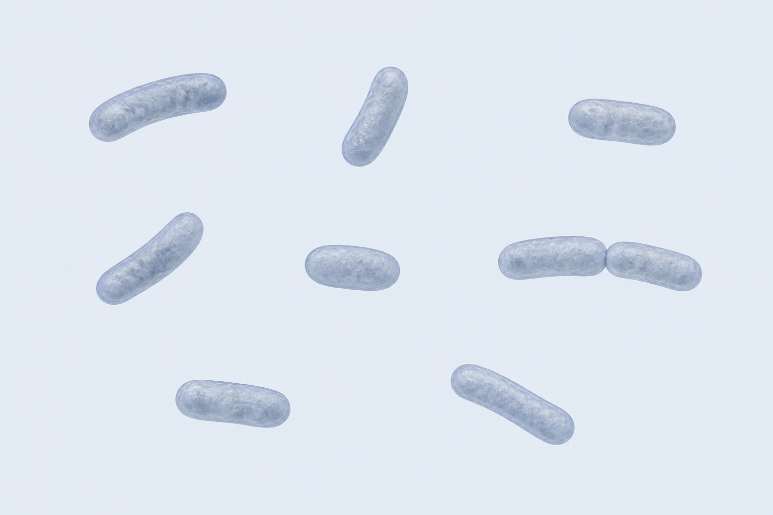 Eight short pleomorphic Bilophila rods appear in seven groupings: six single coccobacillary or slightly curved rods and one touching pair.