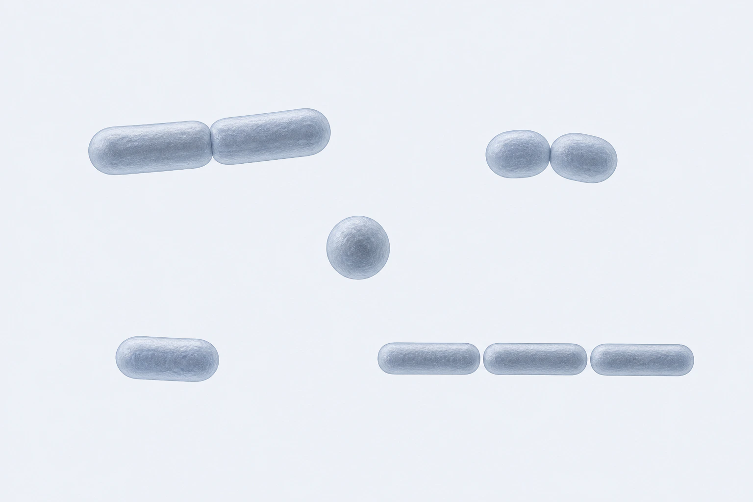 Nine selected Burkholderiales bodies appear in five groupings: a medium-rod pair, a small-coccoid pair, one coccoid, one short rod, and one individually bounded three-rod chain.