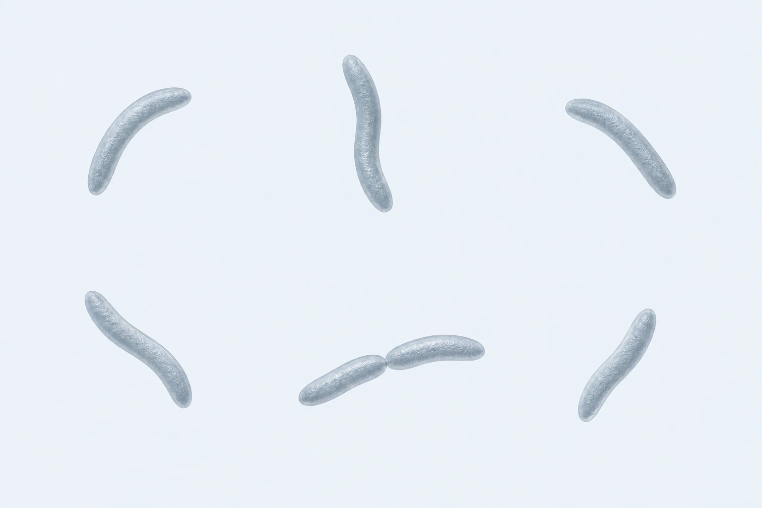 Seven gently curved Butyrivibrio rods with tapered poles appear in six groupings: five isolated singles and one angled touching pair.