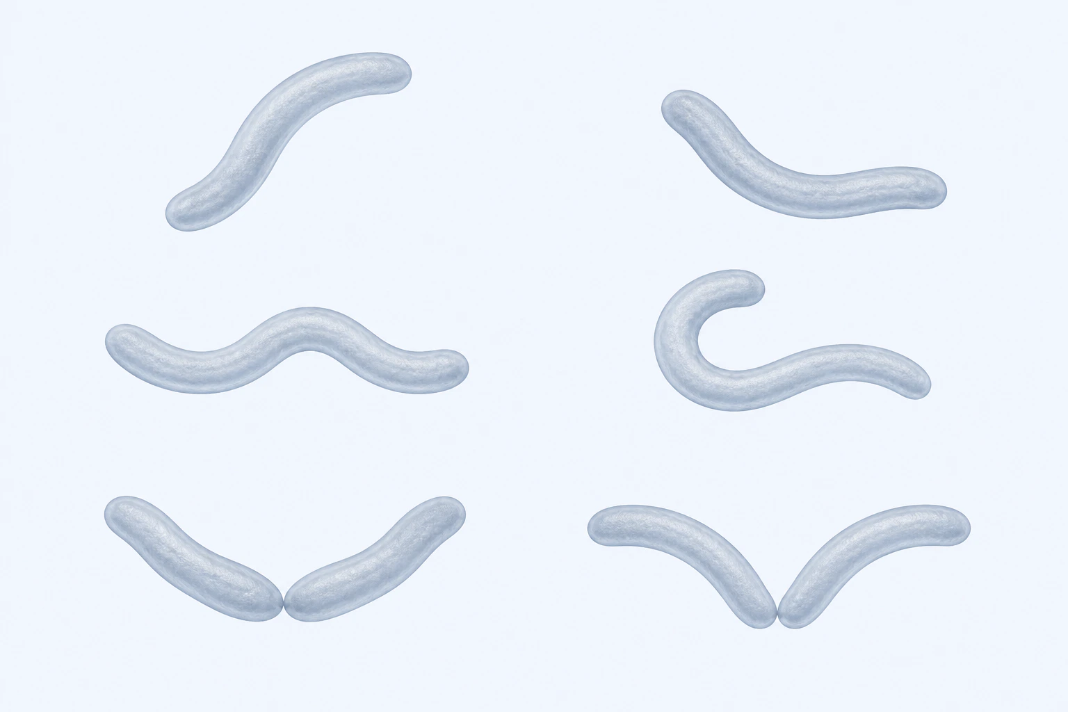 Eight Campylobacter-like curved bodies appear in six groupings: four single shallow, S, or deep curves and two touching two-cell gull-wing arrangements.