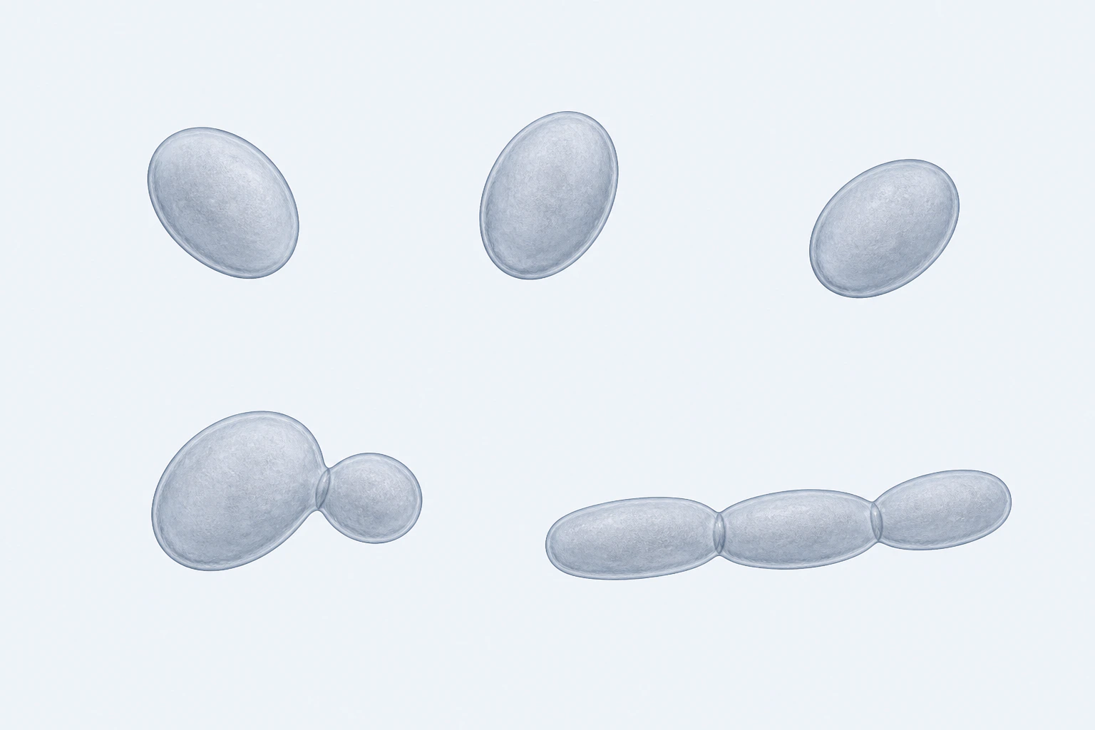 Eight Candida tropicalis bodies appear in five groupings: three oval singles, one mother-and-bud pair, and one short three-body pseudohyphal chain.