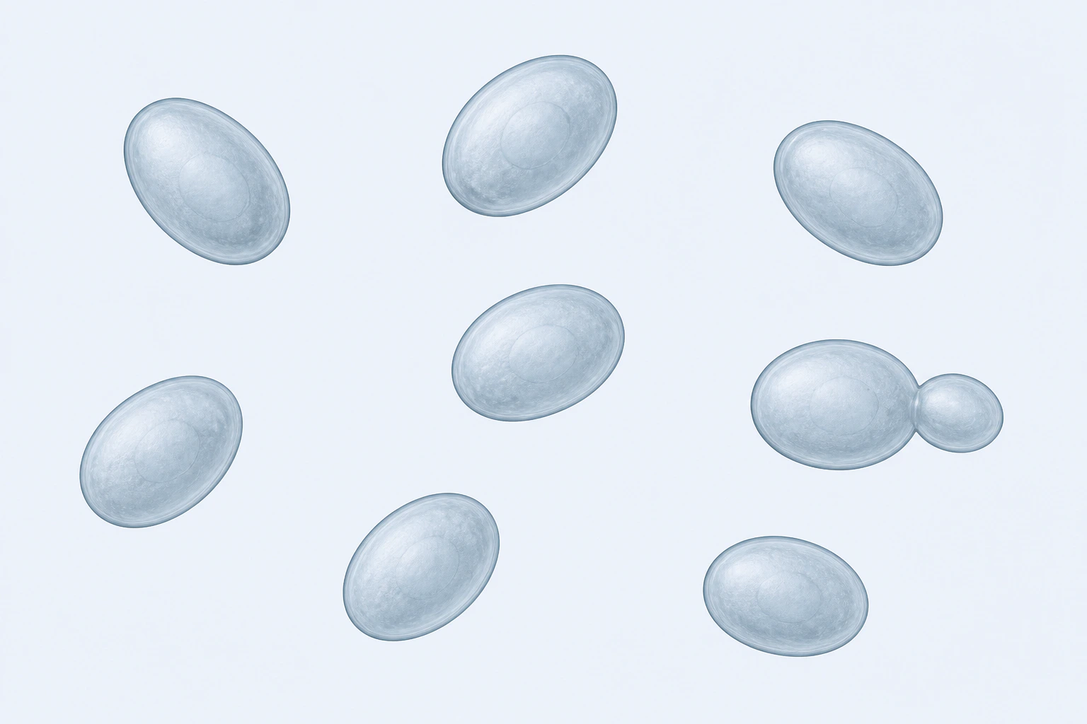 Nine Candidozyma auris yeast bodies appear in eight groupings: seven isolated ovoid-to-ellipsoidal singles and one mother-and-bud pair.