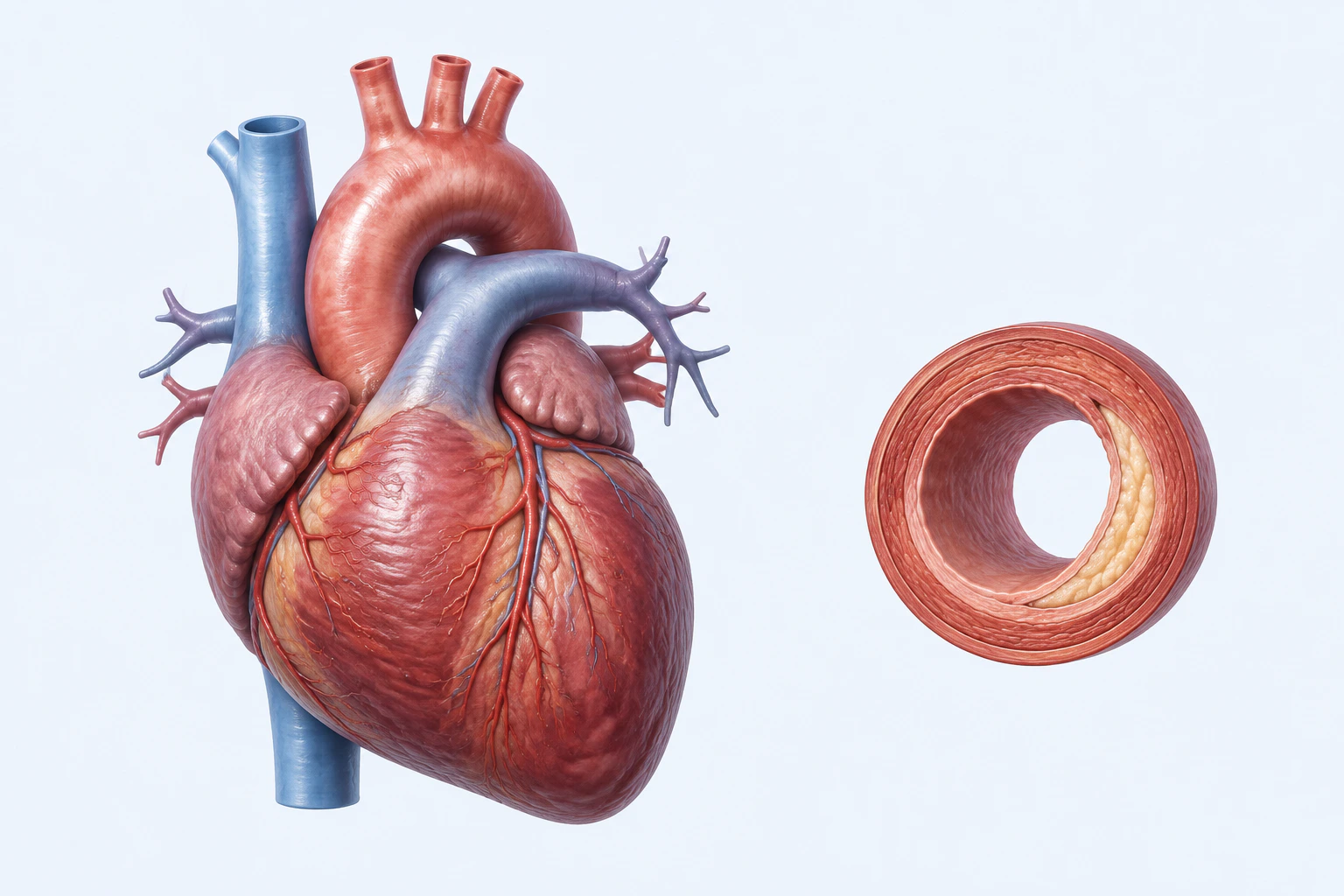 A complete external heart and major vessels appear beside an artery cross-section with a restrained eccentric plaque and open lumen.