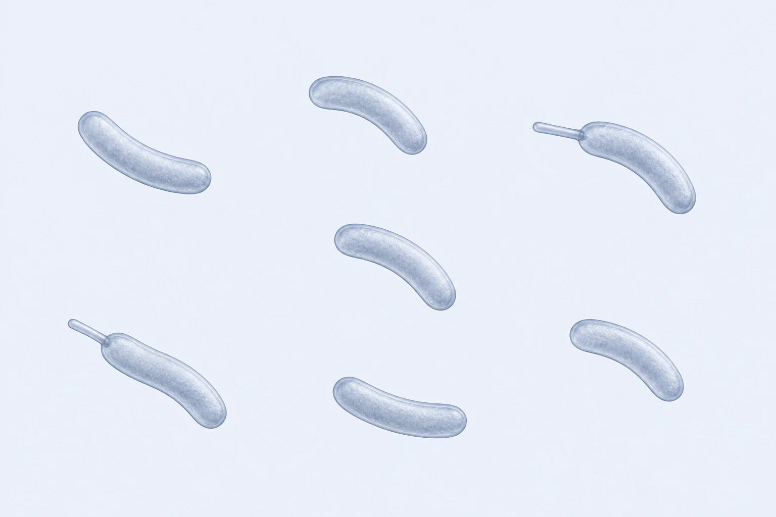 Seven separated curved Caulobacter rods appear on a pale cool field; two have one short narrow polar stalk and five have no external structure.