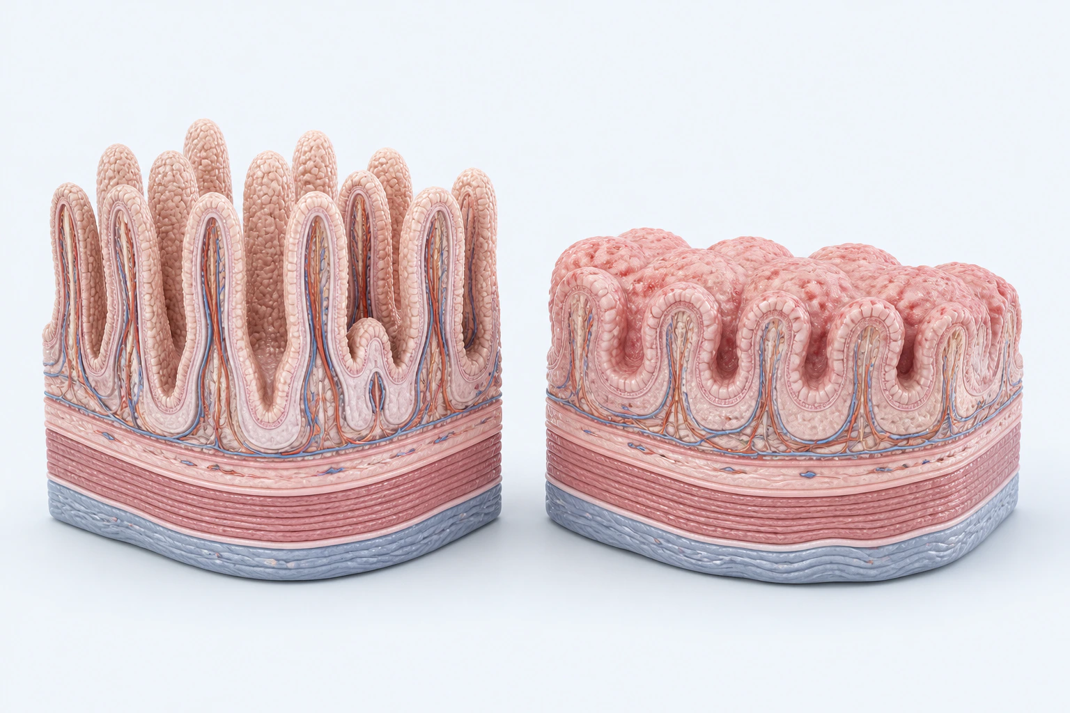Two bowel-wall teaching models compare tall narrow intestinal villi with shorter broader irregular villous architecture.