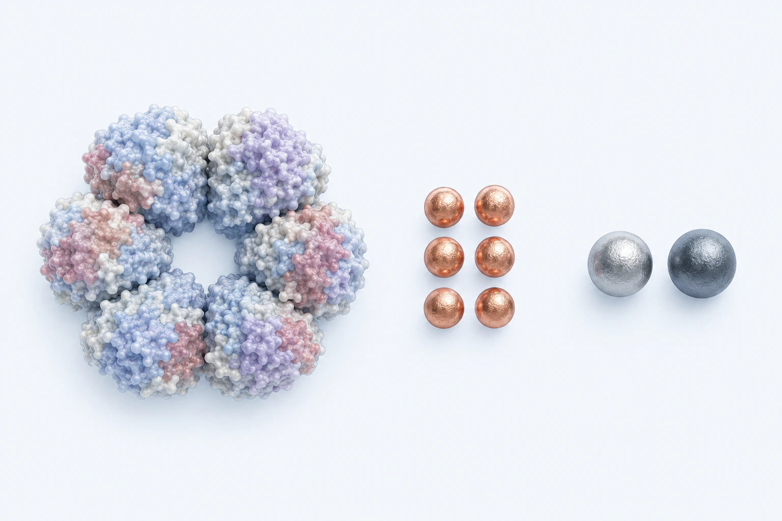 A generic six-lobed protein model appears separately from six copper-colored spheres and two silver-gray iron-context spheres.