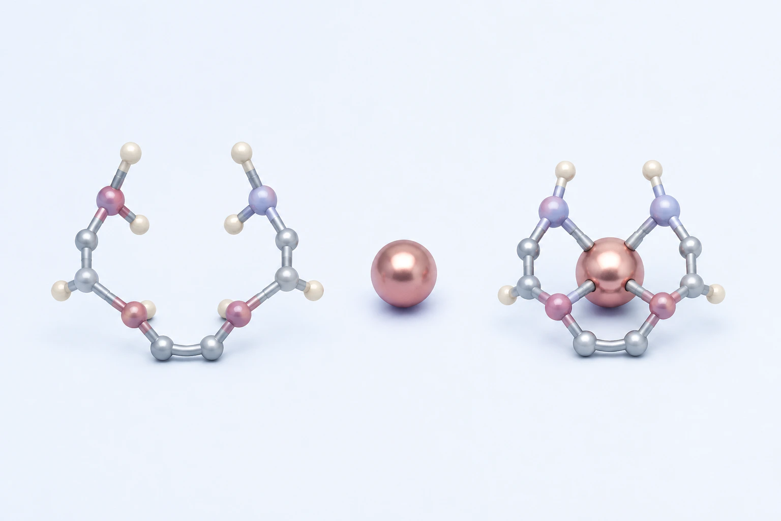 An open ligand teaching form, an isolated metal sphere, and a separate closed ligand-and-sphere model appear without arrows.