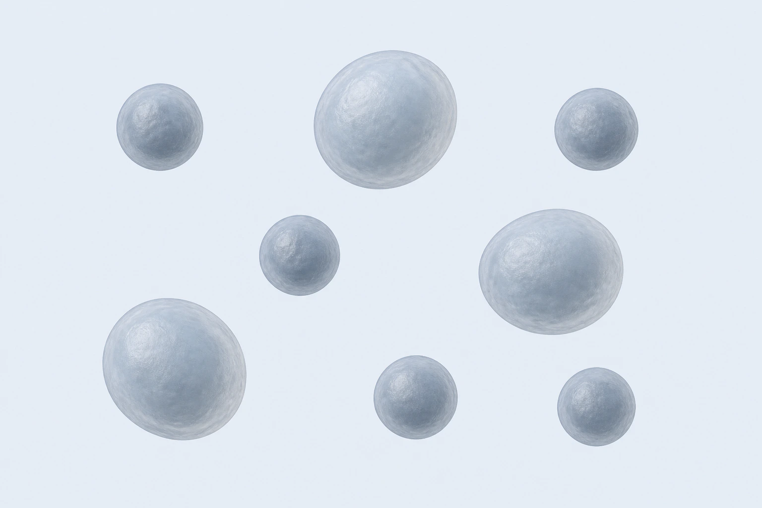 Eight isolated representative Chlamydia trachomatis bodies appear in two qualitative size classes: five smaller bodies and three modestly larger bodies.