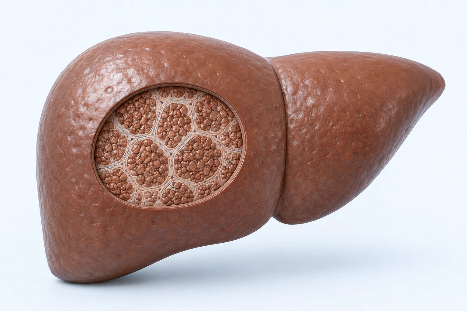 A complete liver teaching model has a circular cutaway containing rounded tissue groupings separated by pale fibrous bands.