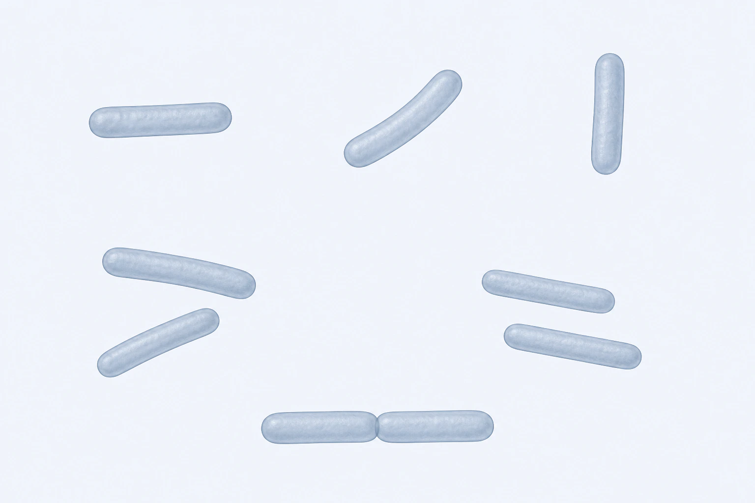 Nine selected Clostridium rod bodies appear in six groupings: three singles, two loose two-rod arrangements, and one touching pair.