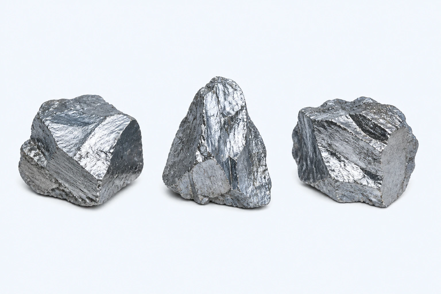 Three elemental cobalt specimens with silver-gray angular broken surfaces.