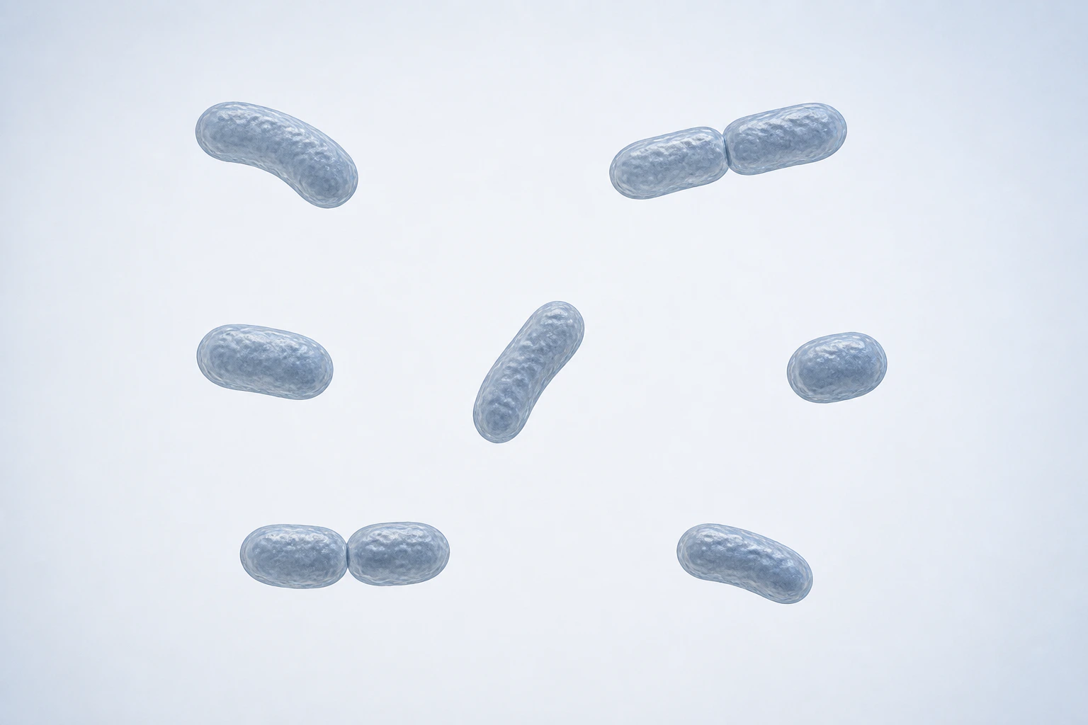 Nine selected Collinsella short rod-to-coccobacillus bodies appear in seven groupings: five isolated singles and two touching pairs.