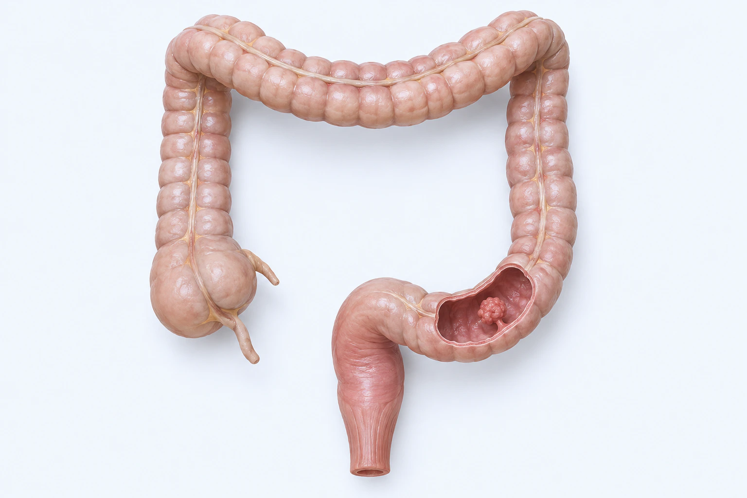 A complete large-intestine teaching model contains one open sigmoid cutaway with a small raised irregular mucosal lesion.