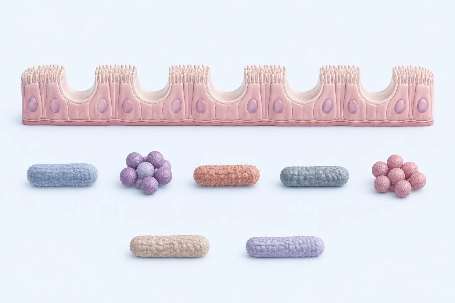 A five-recess epithelial strip appears separately from five varied microbial forms and two additional outside rods.