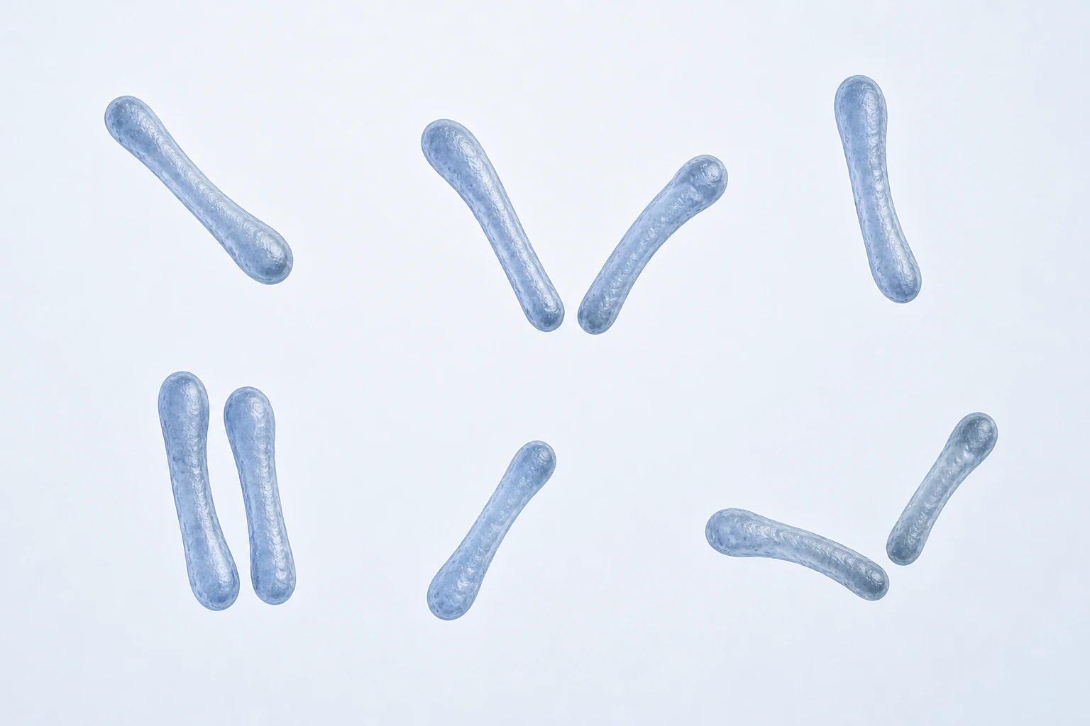 Nine selected Corynebacterium club-shaped rods appear in six groupings: three singles, an open-V pair, a near-parallel pair, and a shallow angled pair.