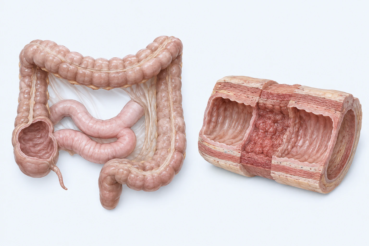 An intestinal orientation model appears beside a bowel-wall specimen with two smoother open sections and one thickened irregular full-wall segment.