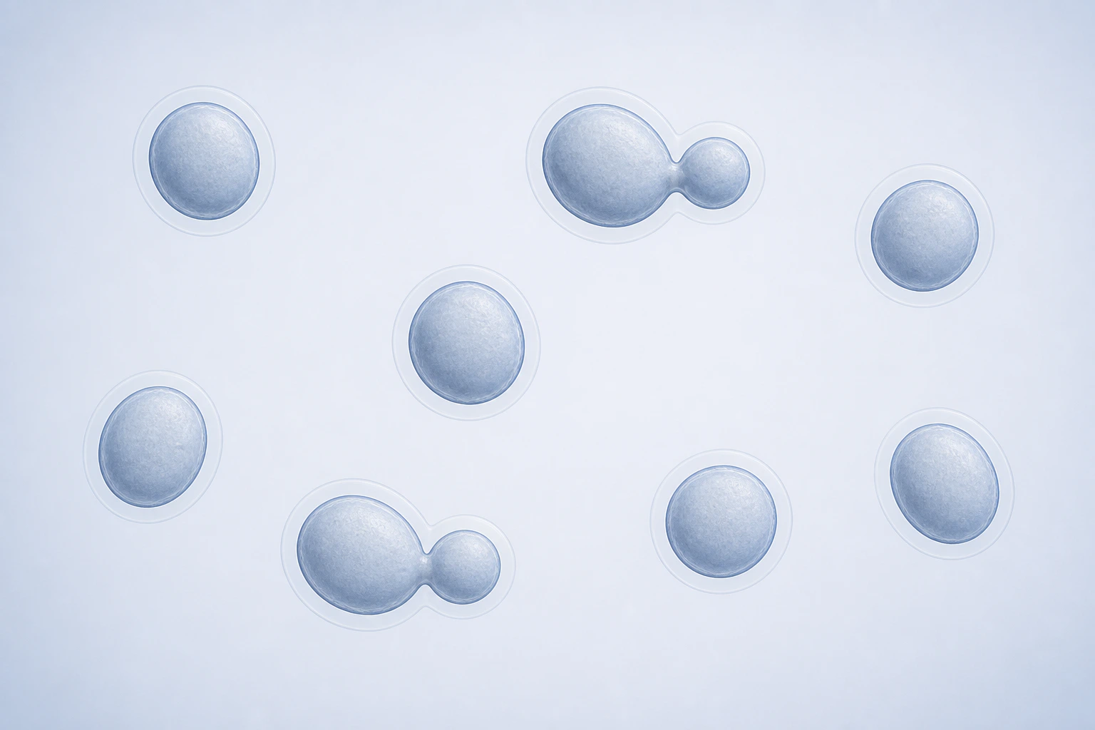 Ten encapsulated round-to-ovoid C. neoformans yeast bodies in eight groups: six singles and two narrow-based budding pairs; the transparent halo forms a continuous lobed contour around each attached mother-bud pair.