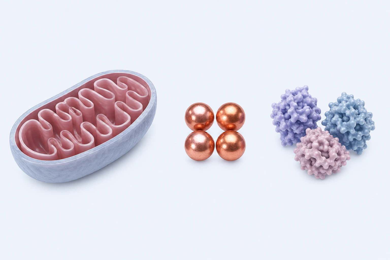A generic mitochondrion-like cutaway appears separately from four copper-colored spheres and three folded protein-like forms.