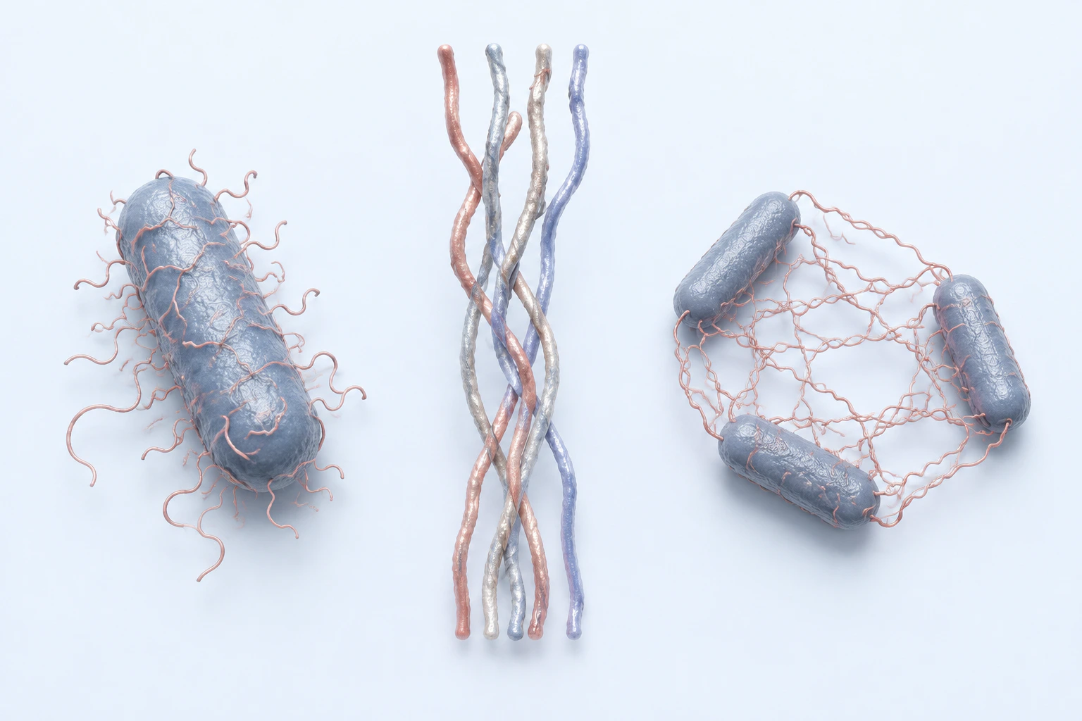 A generic fiber-coated rod, a separate five-fiber bundle, and three rods within a loose extracellular mesh form three complete groups.