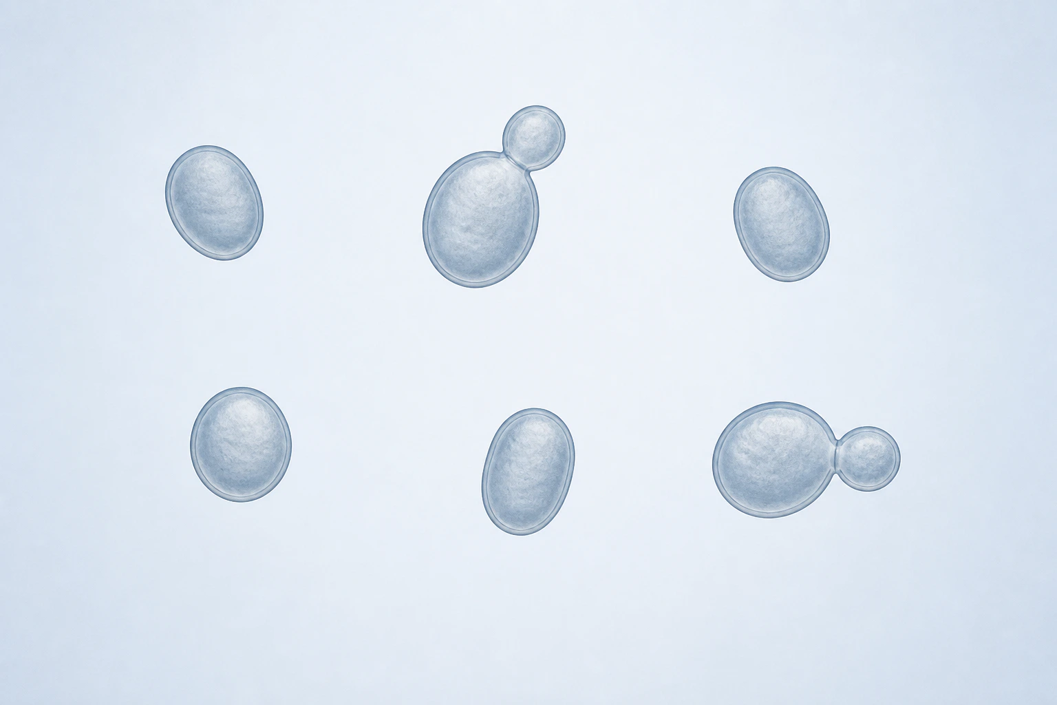 Eight selected Debaryomyces yeast bodies appear in six groupings: four isolated round-to-oval singles and two budding pairs.